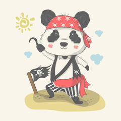 Naklejka premium Vector hand drawn illustration of a cute baby panda with pirate custom.