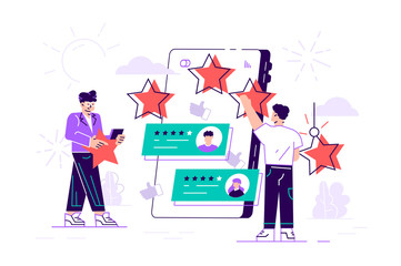 Group of people leaving five star rating 