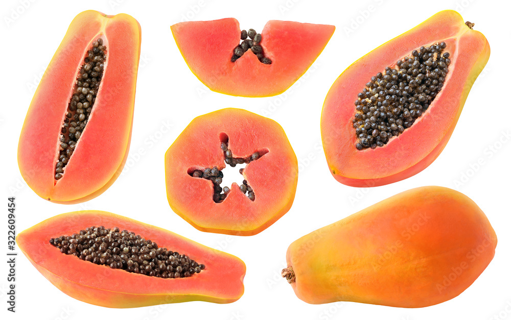 Poster isolated cut papaya. collection of whole papaya fruits and pieces of various shapes isolated on whit