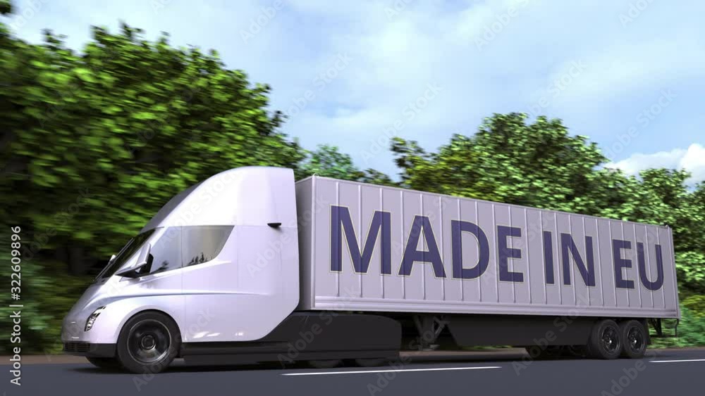 Aufkleber modern electric semi-trailer truck with made in eu text on the side. european union import or export