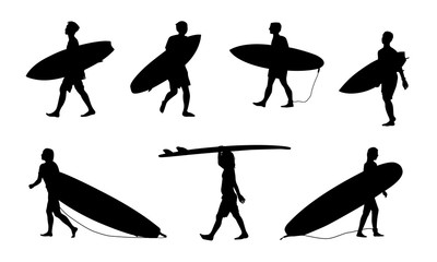 Black surfers with surfboards vector silhouettes set isolated on white background - obrazy, fototapety, plakaty