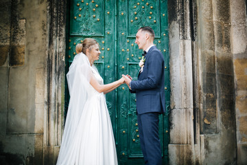 charming wedding in the old castle architecture nature and the sun.