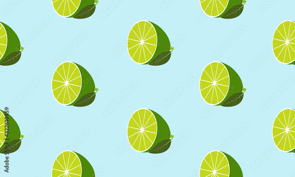 Aufkleber seamless blue background with halves lime with leaf. vector fruit design for pattern or template.