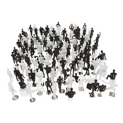 A large group of mannequins stand with their backs in a top view. 3D rendering