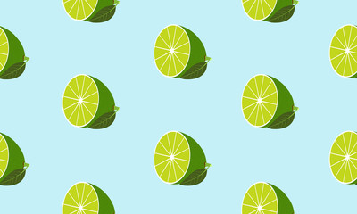 Seamless blue background with halves lime with leaf. Vector fruit design for pattern or template.