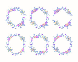 Floral frame collection, hand drawn line with digital color, vector illustration