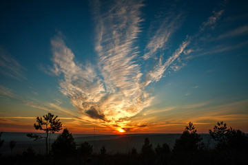 Obraz premium Gorgeous colorful sunset on cloudy blue sky in field and forests, beauty in nature
