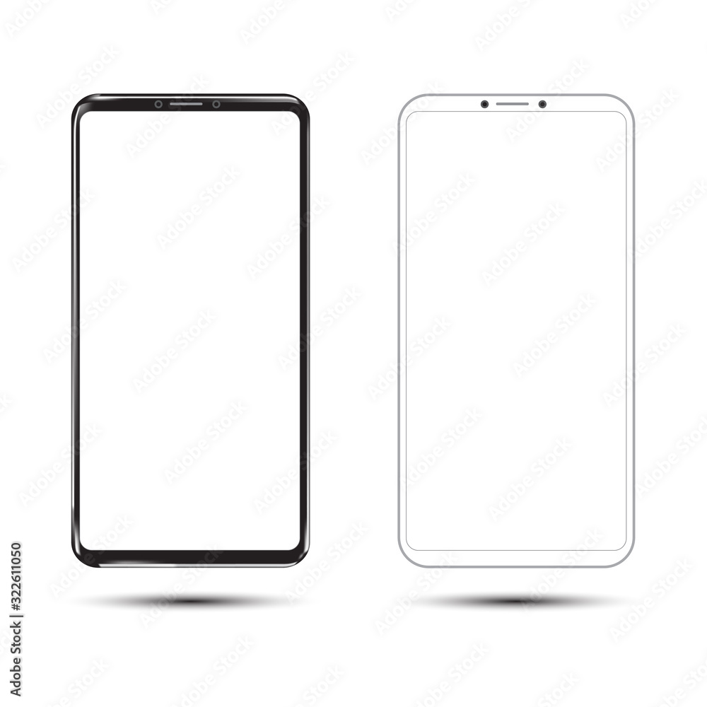 Poster two device black smartphone and outline with blank screen isolated on white background. mockup to sh