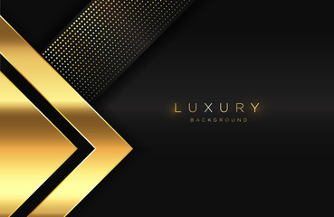 Geometric 3d background with glossy gold element. Vector geometric illustration of golden shapes textured with golden glittering dots. Elegant wallpaper template