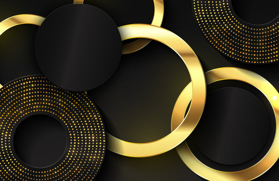 Luxury Elegant Background With Shiny Gold Circle Element And Dots Particle On Dark Black Metal Surface. Elegant Cover Template