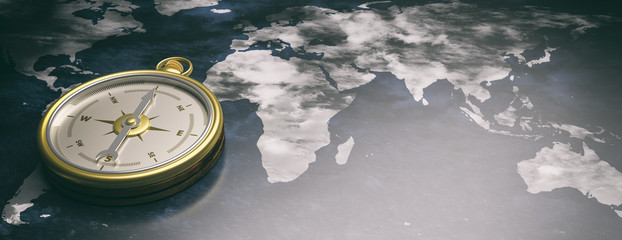 Compass instrument against earth map background. 3d illustration © Rawf8