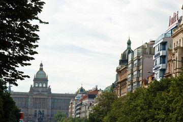 Prague, Czech Republic. 10.05.2019: Close-up view of the facade with windows of old historical buildings in Prague. Retro, old-fashioned, vintage, last century.