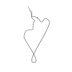 Silhouettes of man and woman in front of a kiss one line drawing on white isolated background. Vector illustration 