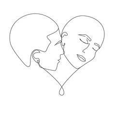 Male and female face near in the shape of a heart one line drawing on white isolated background. Vector illustration 