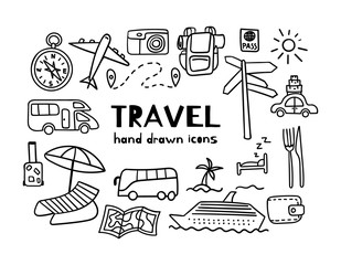 Hand drawn travel icons set. Summer tourism doodles. Outline vector illustration.