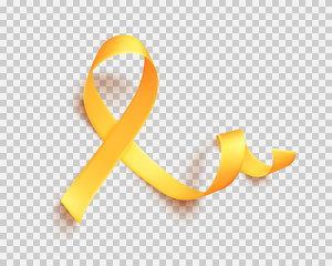 Realistic gold ribbon. World childhood cancer symbol 15th of february, vector illustration. Template for poster for cancer awareness month in september.