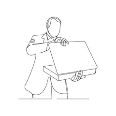 Continuous line drawing of business men open briefcase. One line art of men open laptop. Vector illustration.