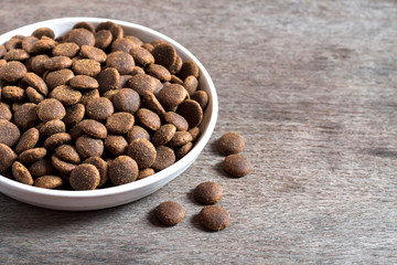 Dry pet food in a white ceramic bowl on wooden background