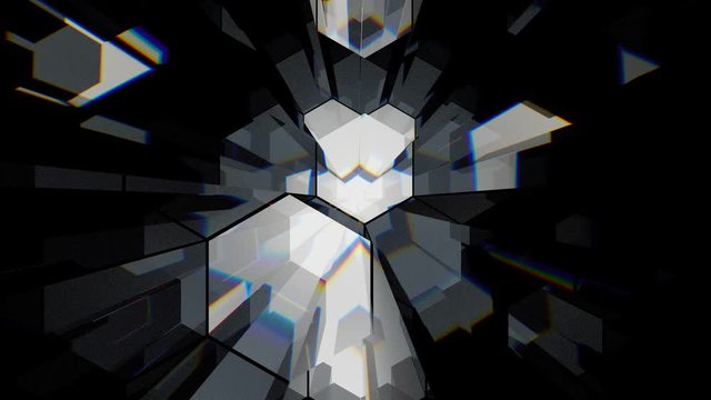 Bright neon flashes of abstract polygons and planes on a black background.