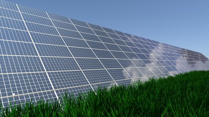 Solar panel background of photovoltaic modules for renewable energy. Clouds and blue sky in mirror. Alternative electricity source. 3d rendering. 3d illustration