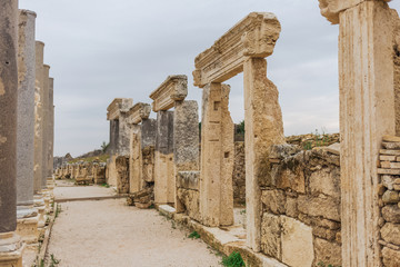 Fototapeta premium Historical site of Perge or Perga in Antalya, Turkey. Vast remains of prosperous Roman city. Ancient Perge city existed from X century before Christ till VIII of our era.