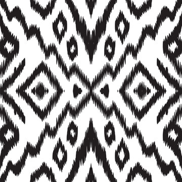 Black and White Fashion Tribal Vector Seamless Pattern. Ogee Tile Uzbek Background. Indian Trendy Texture. Black Chevron Japan Vector Seamless Pattern