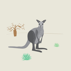 Cartoon kangaroo and boab tree. Australian wildlife scene vector illustration.