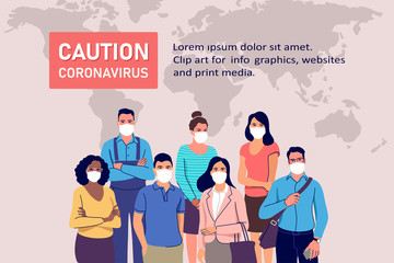 Coronavirus epidemic outbreak concept. People in protective medical face masks. Vector illustration.