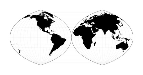 World contour. Quartic authalic projection interrupted into two hemispheres. Plan world geographical map with graticlue lines. Vector illustration.