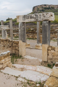 Historical site of Perge or Perga in Antalya, Turkey. Vast remains of prosperous Roman city. Ancient Perge city existed from X century before Christ till VIII of our era. Vertical photography.