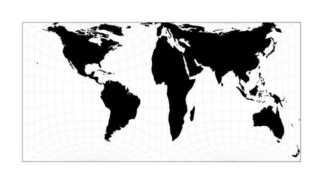 World map with longitude lines. Gringorten equal-area projection. Plan world geographical map with graticule lines. Vector illustration.