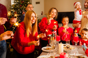Obraz na płótnie Canvas Happy people smiling holding sparkles on New Year's eve