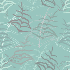 Abstract hand drawn seamless pattern of leaves, branches on a blue background. Colored doodle vector illustration for greeting card, invitation, wallpaper, wrapping paper, packaging.