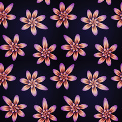 Seamless repeat pattern with pink and gold flowers  on dark  background. For drawn fabric, gift wrap, wall art design.