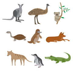 Set of cartoon australian animal. Kangaroo, emu, koala, turtle, platypus, dingo, thylacine, penguin and crocodile.