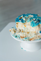  Crumpled first birthday cake smash cake, bitten homemade cake with blue icing