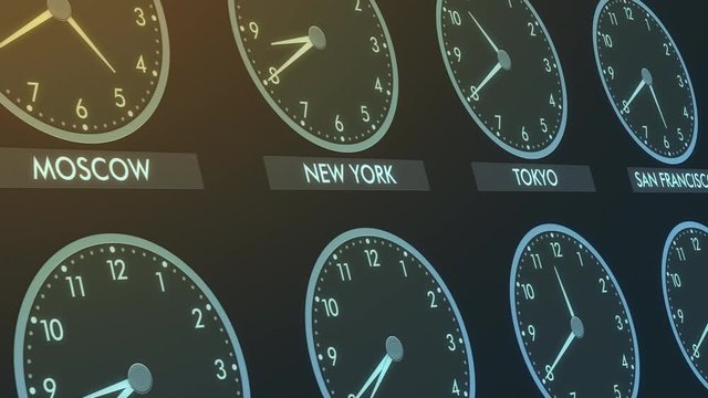 close up view of a wall of clocks with time of different cities (3d render)