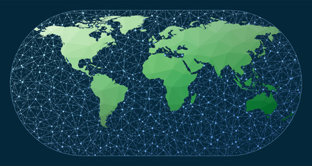 Network map of the world. Eckert 3 projection. Green low poly world map with network background. Vibrant connections map for infographics or presentation. Vector illustration.
