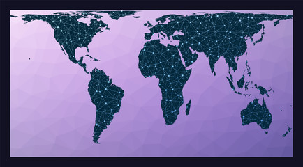 Abstract telecommunication world map. Cylindrical equal-area projection. World network map. Wired globe in Cylindrical Equal Area projection on geometric low poly background.