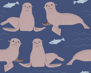 Seamless pattern of cartoon fur seal and fish. Repeatable textile print, childish vector wallpaper.