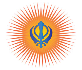 The main symbol of Sikhism – sign Khanda. Red and gold gradient rays, white background, isolated