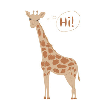 Cartoon giraffe speaks Hi! Childish tee shirt design.