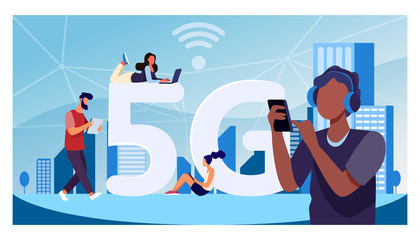 Young people using 5G high speed wireless internet connection. Men and women using digital devices with free city Wi-Fi. Vector illustration for telecom, smart city buildings concept