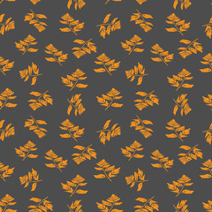 Illustration of orange carved fall leaves isolated on a gray background, Seamless pattern