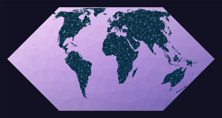 Global network. Eckert II projection. World network map. Wired globe in Eckert 2 projection on geometric low poly background. Appealing vector illustration.