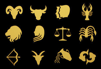3d render horoscope of 12 zodiac signs on a black white background