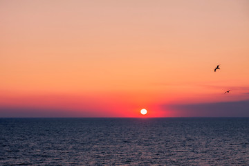 The sunset of the bright summer sun in the sea.
