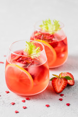Sweet romantic St Valentines day strawberry lemon drink. Selective focus, space for text.