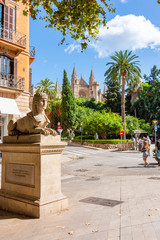 Sphinx statue on Passeig del Born street with Cathedral at background, Palma de Mallorca, Balearic islands, Spain © Mistervlad