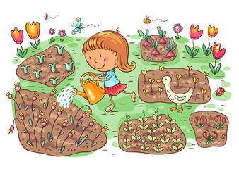 Child watering flowers and vegetables in the garden